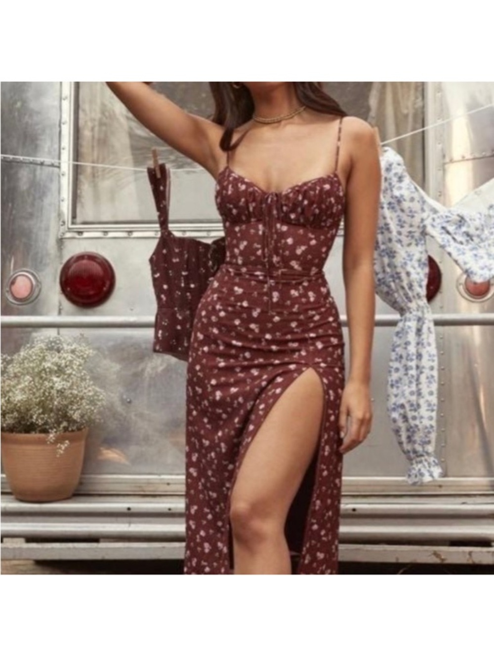 House of CB Burgundy Floral Maxi Dress with Side Slit - Picture 5 of 15